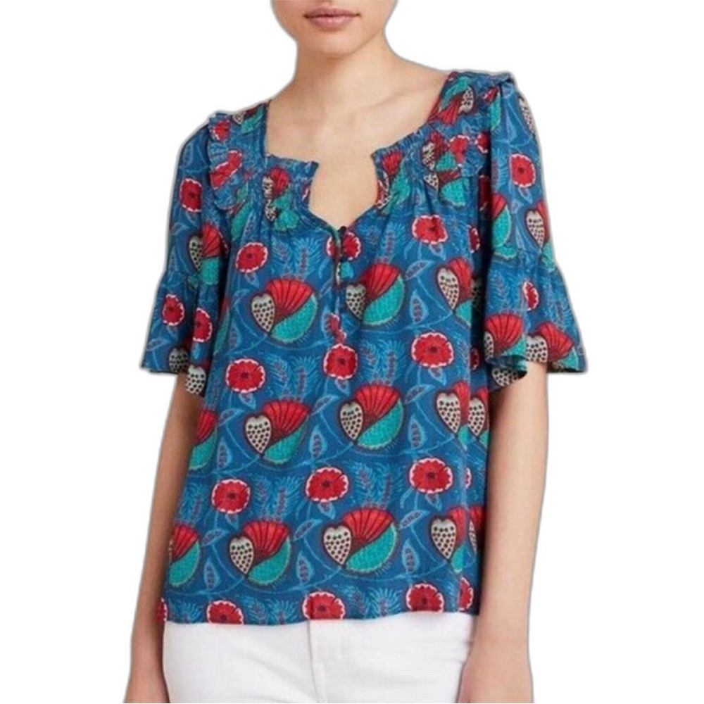 ANTHROPOLOGIE Maeve Blue Red Abstract Poppy Floral Flutter Letitia Sleeve Top -